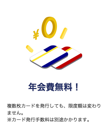 「年会費無料」
複数カードを発行しても、限度額は変わりません。
※カード発行手数料は別途かかります。