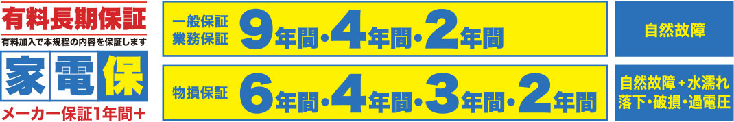 有料長期保証「家電保」、メーカー保証1年間にプラスして延長保証の提供が出来ます。