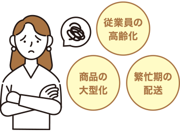 従業員の高齢化。商品の大型化。繁忙期の配送。