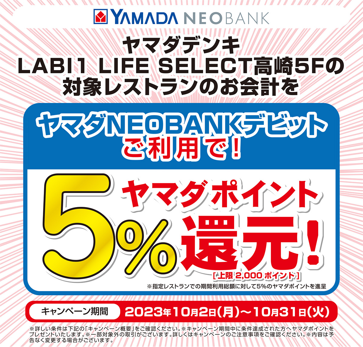 キャンペーン期間中に条件達成で最大2,000ヤマダポイント進呈！